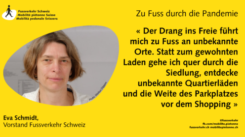 « Der Drang ins Freie führt mich zu Fuss an unbekannte Orte. Statt zum gewohnten Laden gehe ich quer durch die Siedlung, entdecke unbekannte Quartierläden und die Weite des Parkplatzes vor dem Shopping »